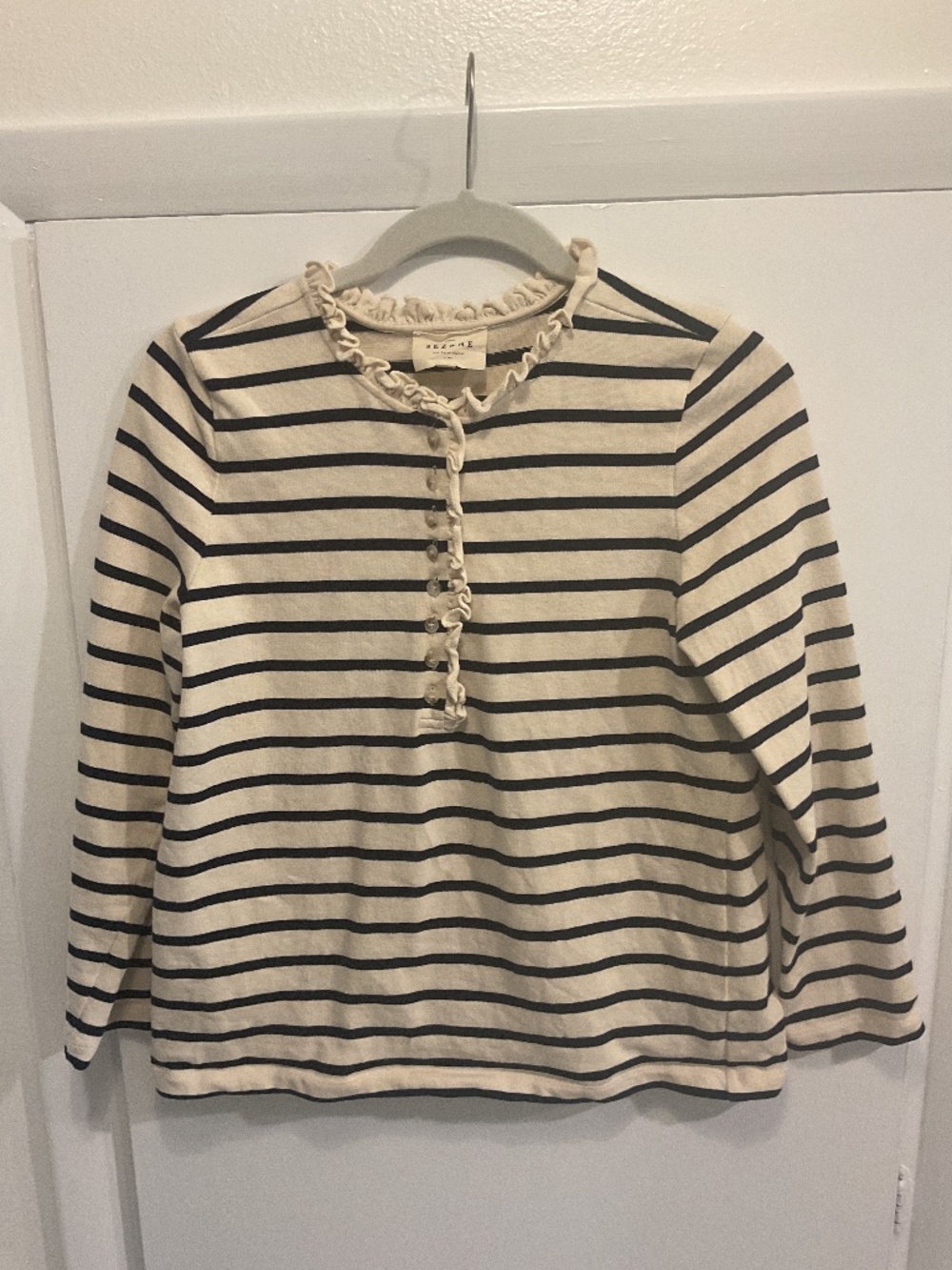Sezane Gael Marniere 100% Cotton Shirt, Cream and Navy Stripe, Size Small